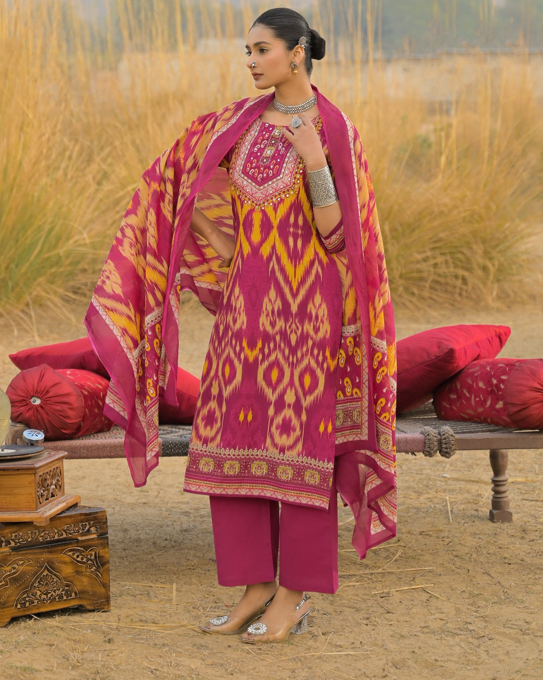 Women's Pink Ikat Printed Cotton Straight Kurta Pant Dupatta Set (KPDP