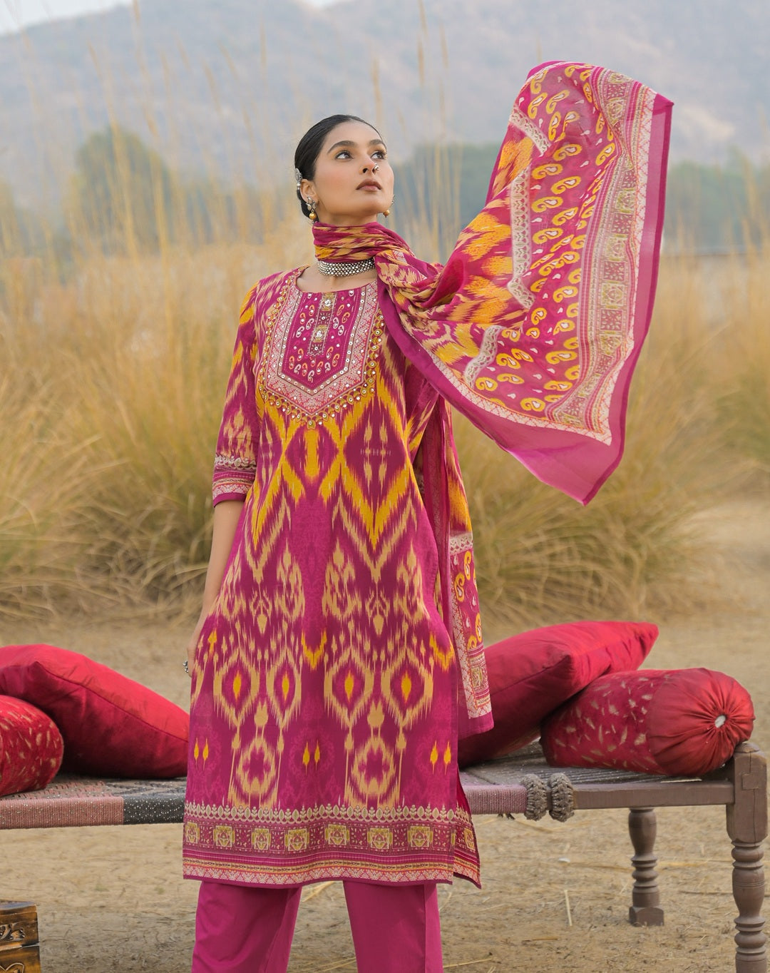 Women's Pink Ikat Printed Cotton Straight Kurta Pant Dupatta Set (KPDP