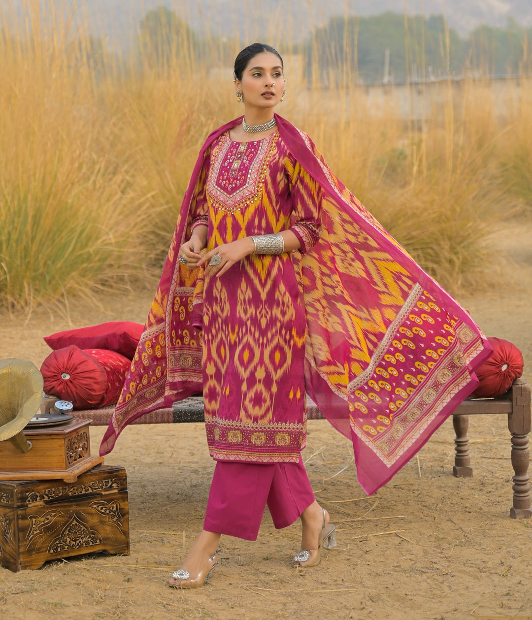 Women's Pink Ikat Printed Cotton Straight Kurta Pant Dupatta Set (KPDP