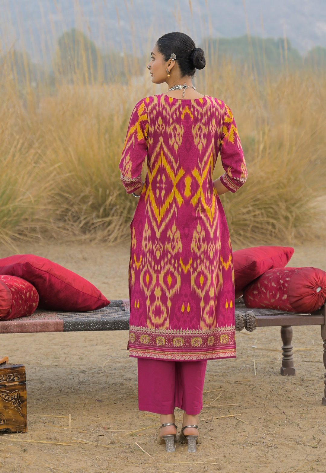Women's Pink Ikat Printed Cotton Straight Kurta Pant Dupatta Set (KPDP