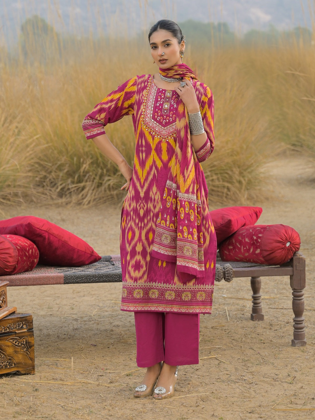 Women's Pink Ikat Printed Cotton Straight Kurta Pant Dupatta Set (KPDP