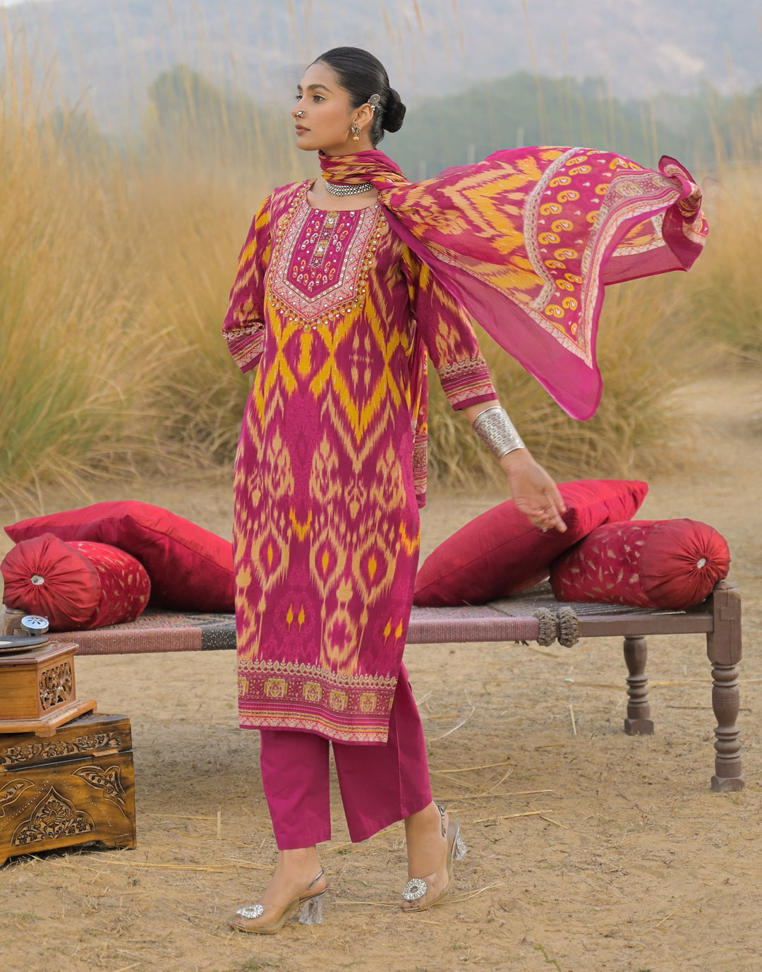Women's Pink Ikat Printed Cotton Straight Kurta Pant Dupatta Set (KPDP