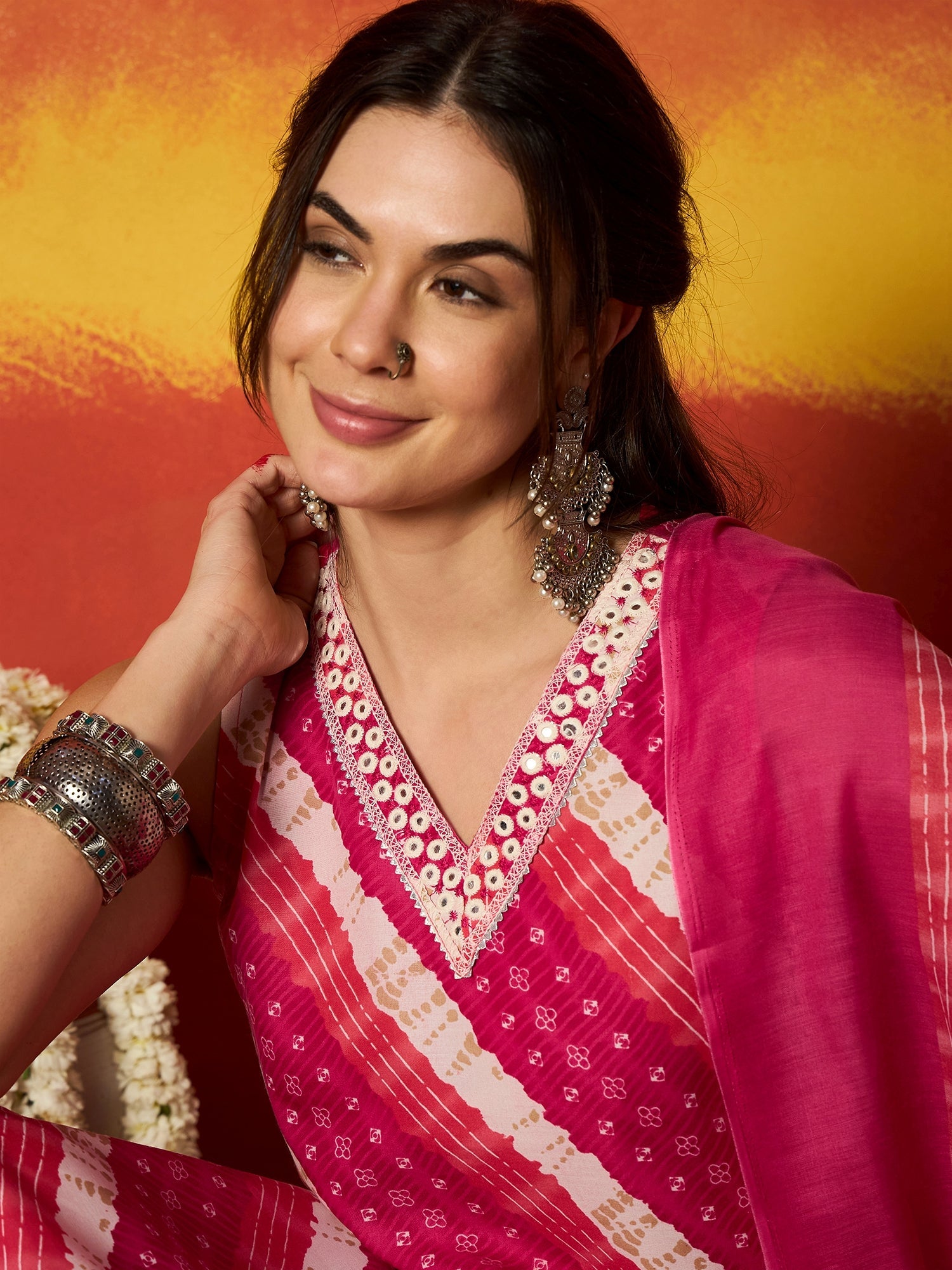 Women's Pink Leheriya Printed Cotton Straight Kurta Pant Dupatta Set (