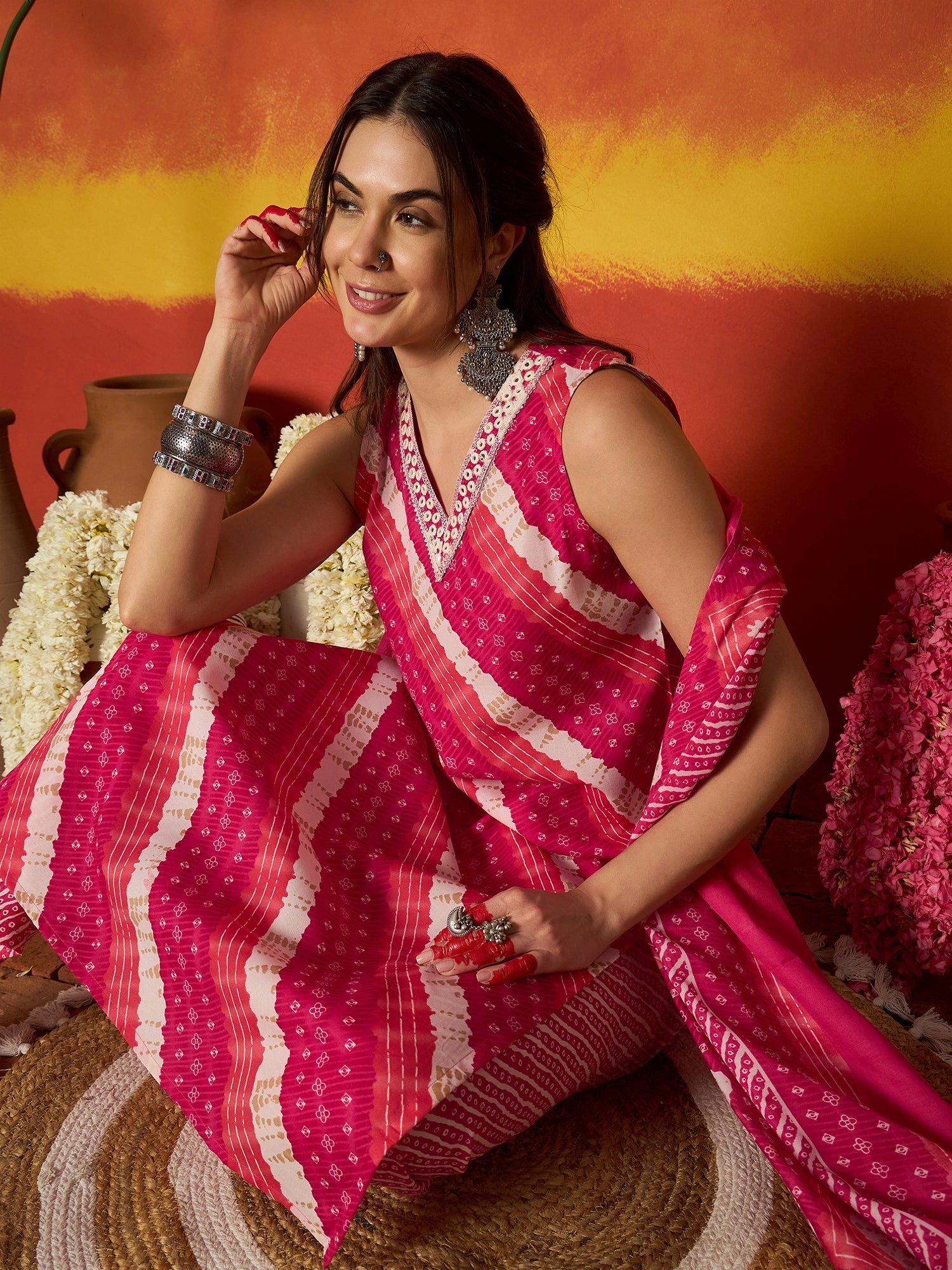 Women's Pink Leheriya Printed Cotton Straight Kurta Pant Dupatta Set (
