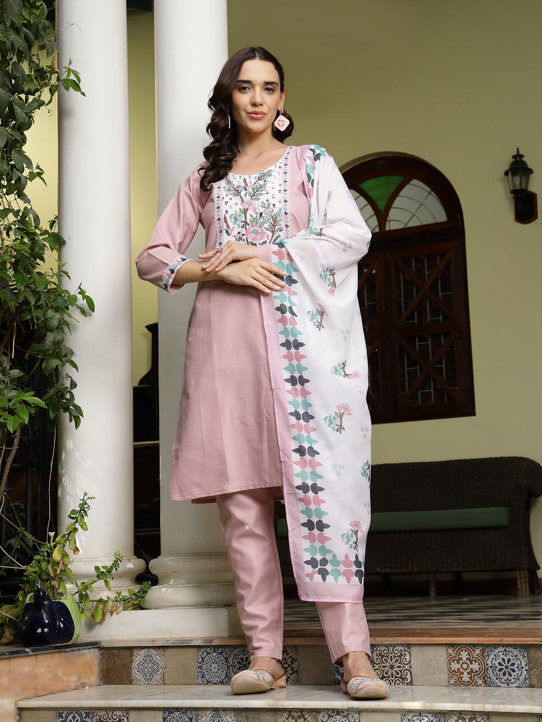Women's Pink Solid Cotton Straight Kurta Pant Dupatta Set (KPDPINKDALM