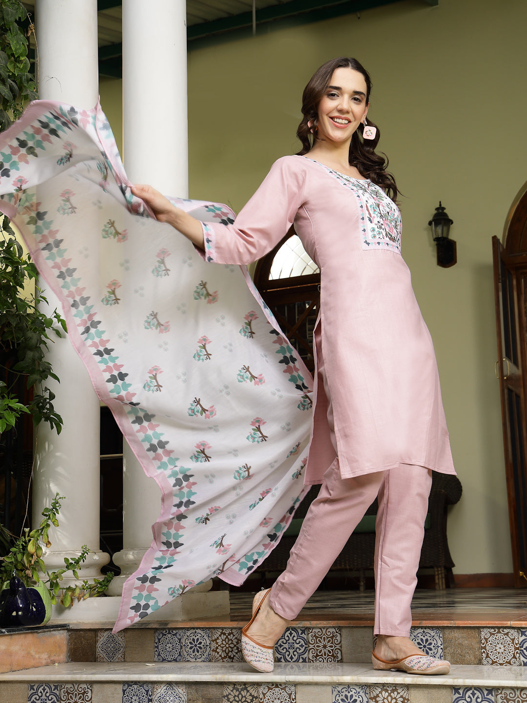 Women's Pink Solid Cotton Straight Kurta Pant Dupatta Set (KPDPINKDALM