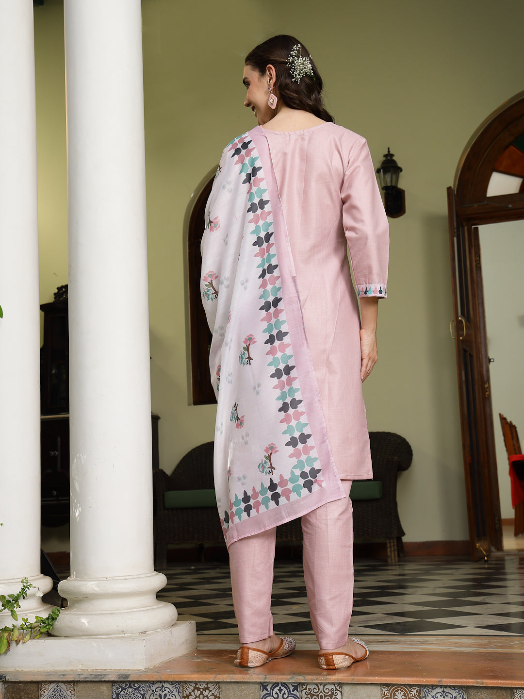 Women's Pink Solid Cotton Straight Kurta Pant Dupatta Set (KPDPINKDALM
