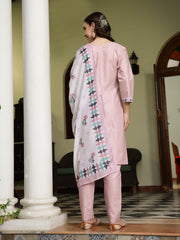 Stylum Women's Pink Solid Cotton Straight Kurta Pant Dupatta Set (KPDPINKDALMA)