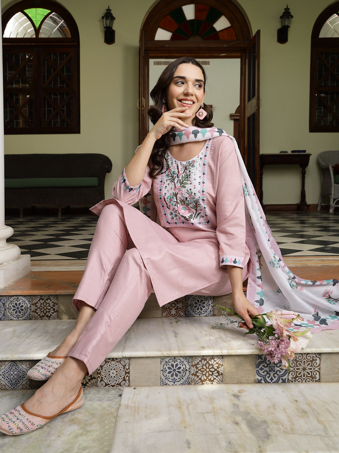 Women's Pink Solid Cotton Straight Kurta Pant Dupatta Set (KPDPINKDALM