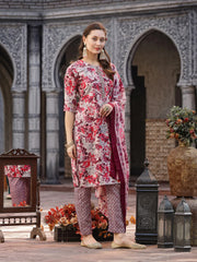 Women's Floral Printed Cotton Blend Straight Kurta Pant Dupatta Set-KPDPINKDHOOM
