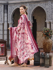 Women's Floral Printed Cotton Blend Straight Kurta Pant Dupatta Set-KPDPINKDHOOM