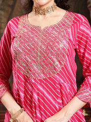 Stylum Women's Pink Leheriya Printed & Embroidered Cotton Anarkali Kurta Pant Dupatta Set (KPDPINKFLAIR)
