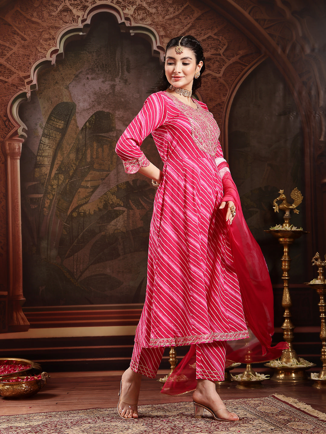 Stylum Women's Pink Leheriya Printed & Embroidered Cotton Anarkali Kurta Pant Dupatta Set (KPDPINKFLAIR)