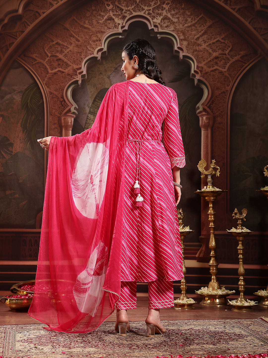 Stylum Women's Pink Leheriya Printed & Embroidered Cotton Anarkali Kurta Pant Dupatta Set (KPDPINKFLAIR)