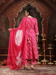 Stylum Women's Pink Leheriya Printed & Embroidered Cotton Anarkali Kurta Pant Dupatta Set (KPDPINKFLAIR)