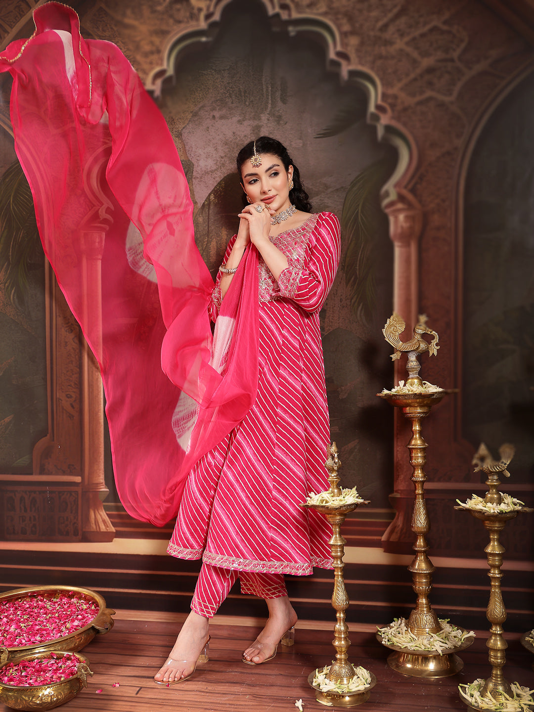 Stylum Women's Pink Leheriya Printed & Embroidered Cotton Anarkali Kurta Pant Dupatta Set (KPDPINKFLAIR)