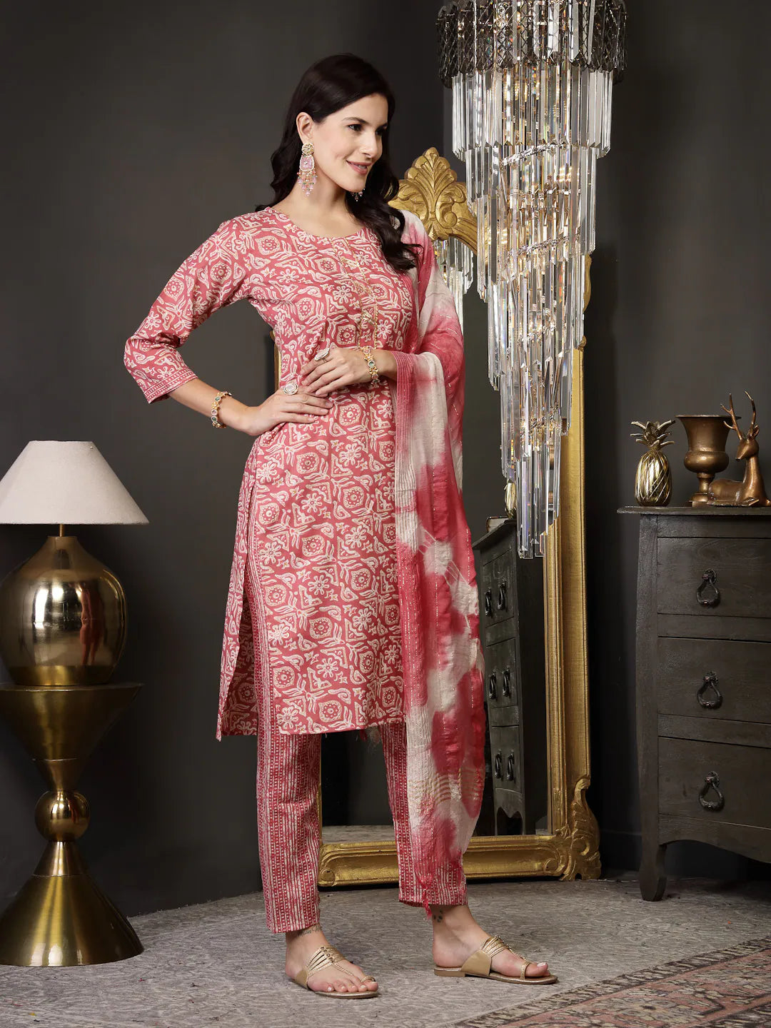 Pink Printed Cotton Kurta Set with Dupatta | Women's Kurta Sets