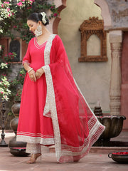 Women's Solid Rayon Anarkali Kurta Pant & Dupatta Set-KPDPINKKIVI