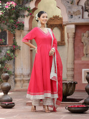 Women's Solid Rayon Anarkali Kurta Pant & Dupatta Set-KPDPINKKIVI