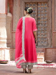 Women's Solid Rayon Anarkali Kurta Pant & Dupatta Set-KPDPINKKIVI