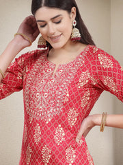 Women's Printed & Embroidered Rayon Straight Kurta Pant Dupatta Set-KPDPINKKOHLI