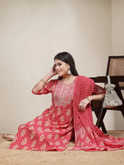 Women's Printed & Embroidered Rayon Straight Kurta Pant Dupatta Set-KPDPINKKOHLI