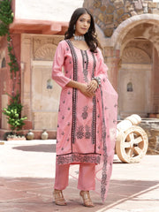 Women's Pink Pakistani Solid & Embroidered Silk Blend Straight Kurta Pant Dupatta-KPDPINKLEE
