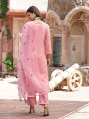 Women's Pink Pakistani Solid & Embroidered Silk Blend Straight Kurta Pant Dupatta-KPDPINKLEE
