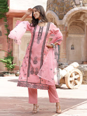 Women's Pink Pakistani Solid & Embroidered Silk Blend Straight Kurta Pant Dupatta-KPDPINKLEE