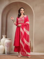 Stylum Women's Pink Solid & Embroidered Crepe A-Line Kurta Palazzo Dupatta Set (KPDPINKMALA)