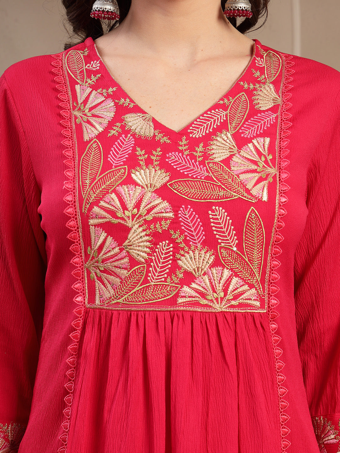 Stylum Women's Pink Solid & Embroidered Crepe A-Line Kurta Palazzo Dupatta Set (KPDPINKMALA)
