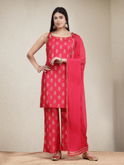 Women's Paisley Printed Rayon Sleeveless Straight Kurta Palazzo Dupatta Set-KPDPINKMALIKA