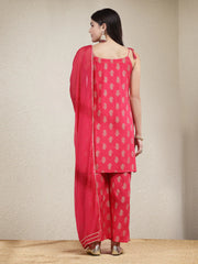 Women's Paisley Printed Rayon Sleeveless Straight Kurta Palazzo Dupatta Set-KPDPINKMALIKA