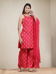 Women's Paisley Printed Rayon Sleeveless Straight Kurta Palazzo Dupatta Set-KPDPINKMALIKA