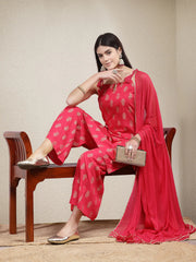 Women's Paisley Printed Rayon Sleeveless Straight Kurta Palazzo Dupatta Set-KPDPINKMALIKA