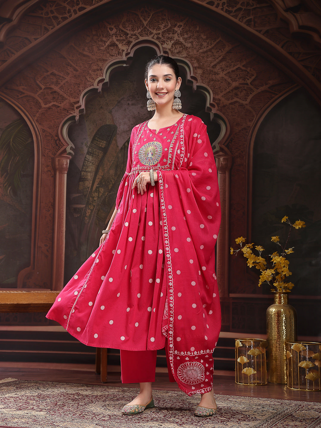 Women's Pink Printed & Embroidered Cotton Flared Kurta Palazzo Dupatta