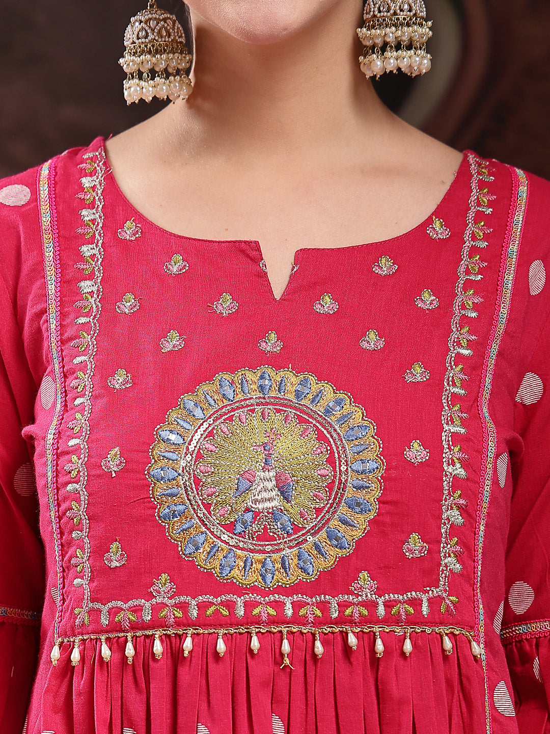 Women's Pink Printed & Embroidered Cotton Flared Kurta Palazzo Dupatta