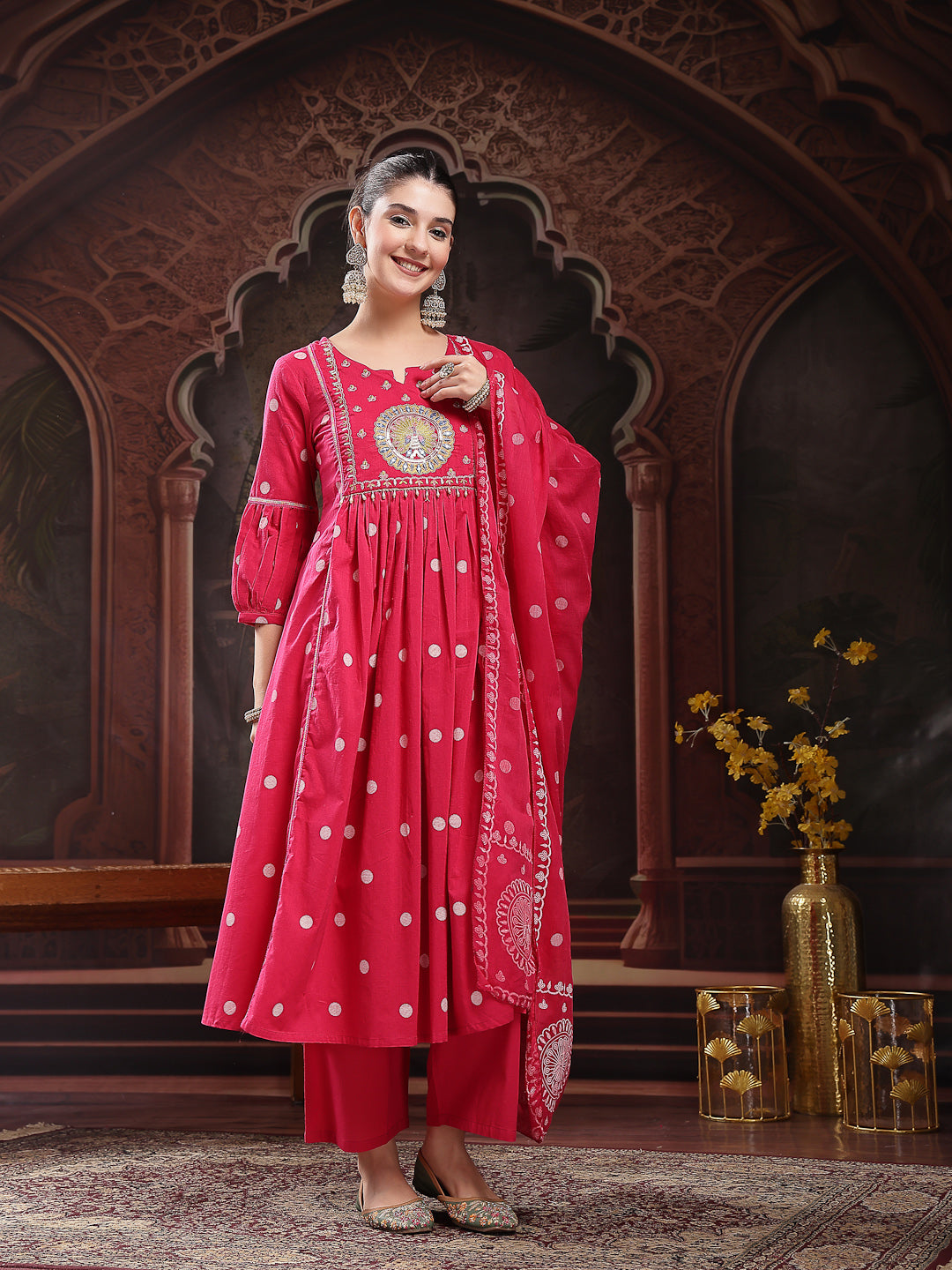 Women's Pink Printed & Embroidered Cotton Flared Kurta Palazzo Dupatta
