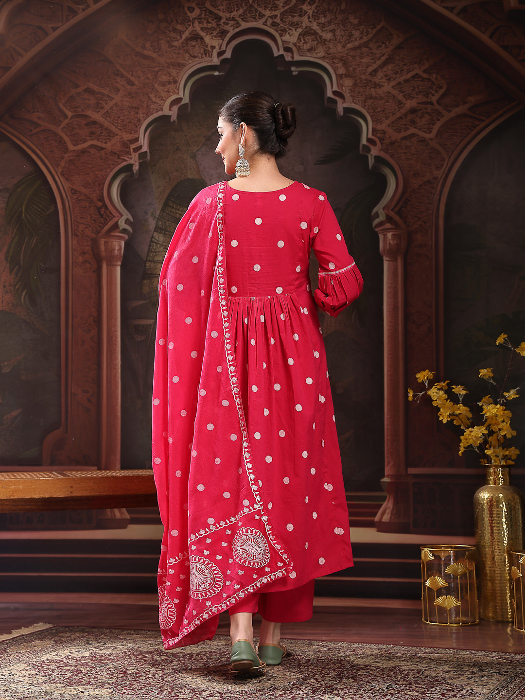 Women's Pink Printed & Embroidered Cotton Flared Kurta Palazzo Dupatta