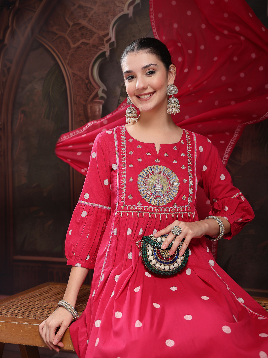 Women's Pink Printed & Embroidered Cotton Flared Kurta Palazzo Dupatta