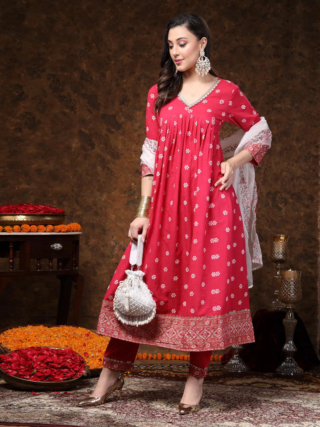 Women's Pink Printed & Embroidered Cotton Anarkali Kurta Pant Dupatta Set-KPDPINKPABLO