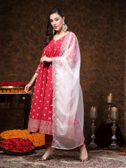 Women's Pink Printed & Embroidered Cotton Anarkali Kurta Pant Dupatta Set-KPDPINKPABLO