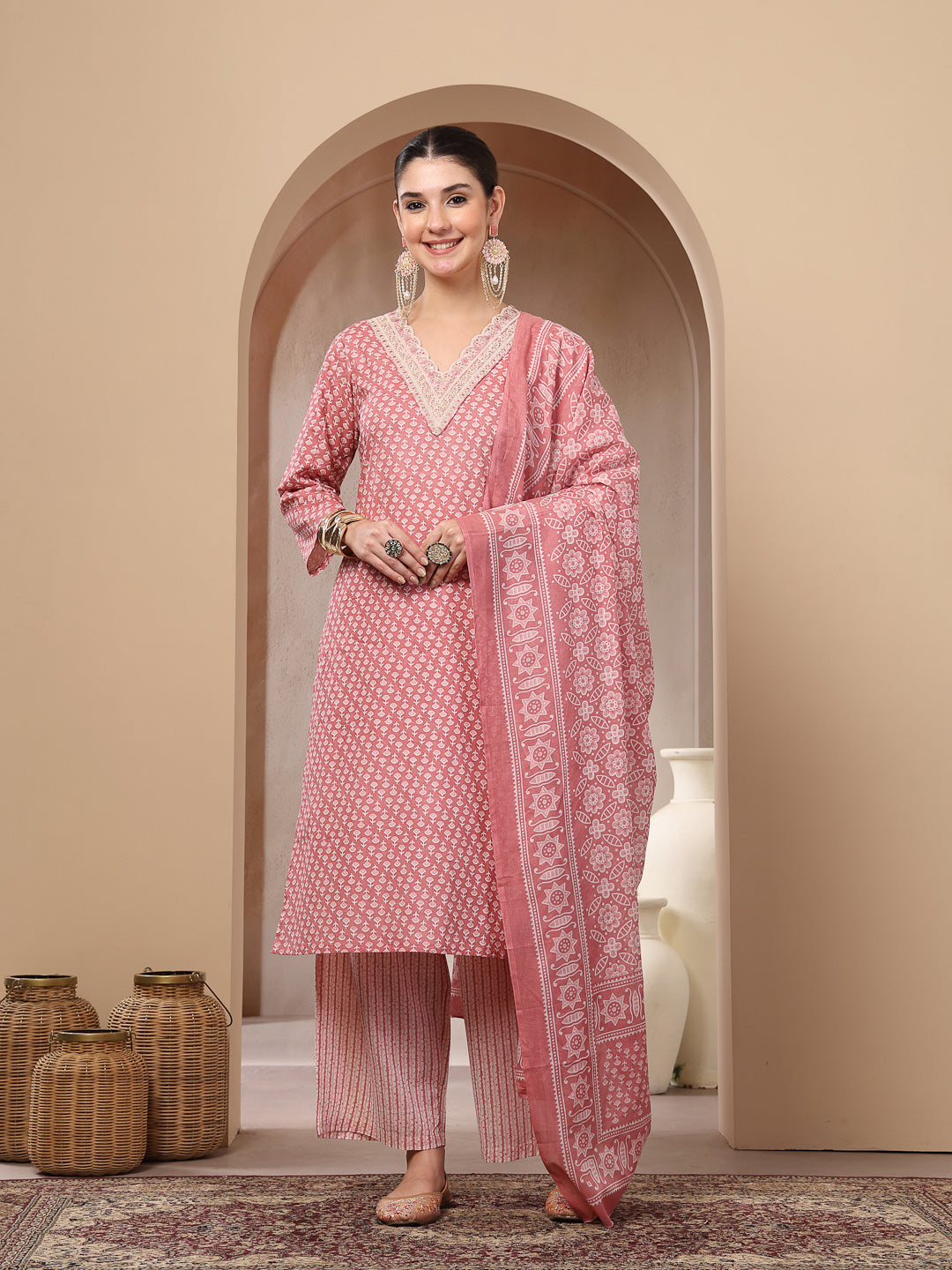 Women's Pink Ethnic Motif Printed Cotton Straight Kurta Palazzo Dupatt