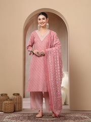Stylum Women's Pink Ethnic Motif Printed Cotton Straight Kurta Palazzo Dupatta Set (KPDPINKPADMA)