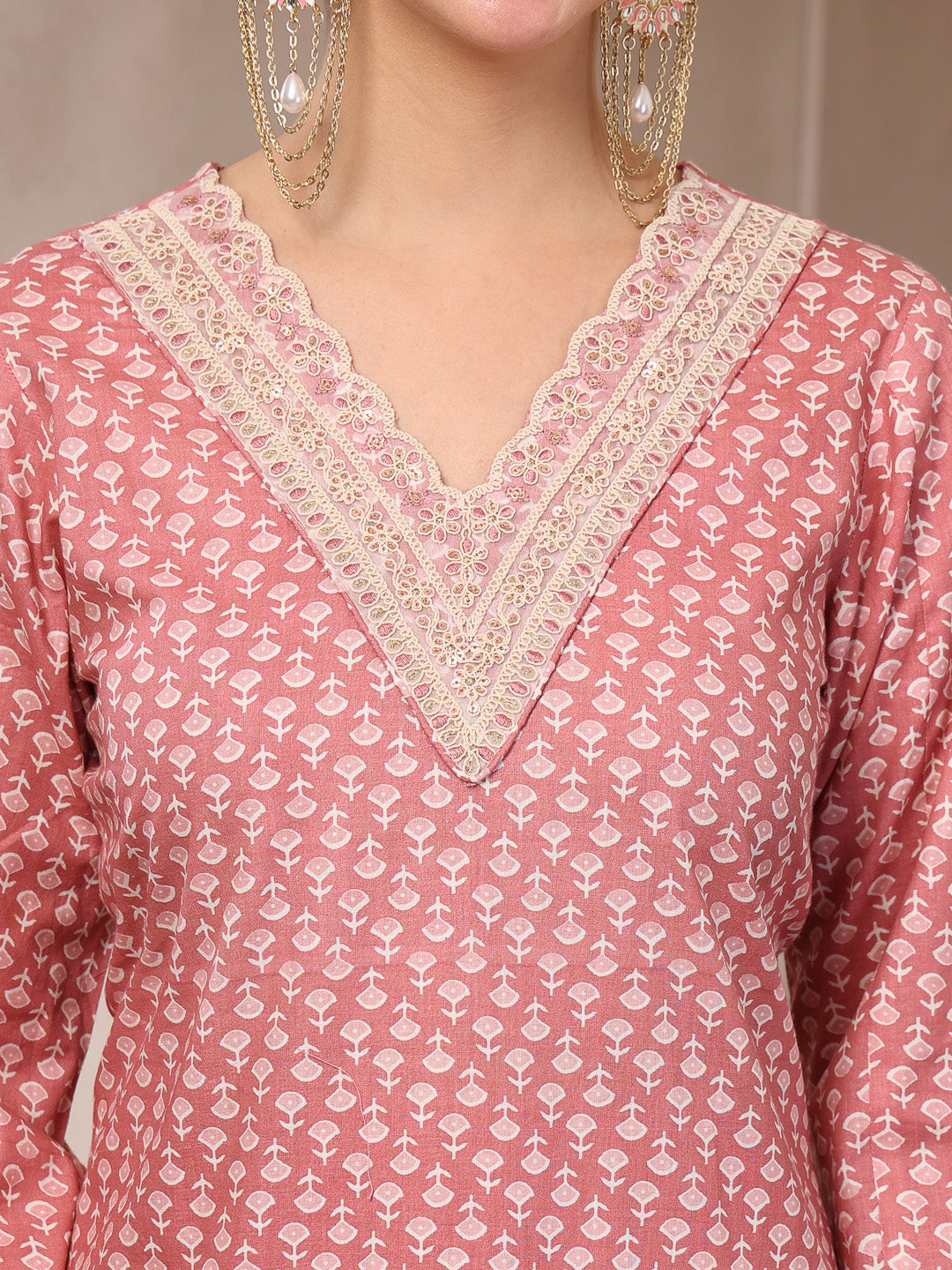 Women's Pink Ethnic Motif Printed Cotton Straight Kurta Palazzo Dupatt