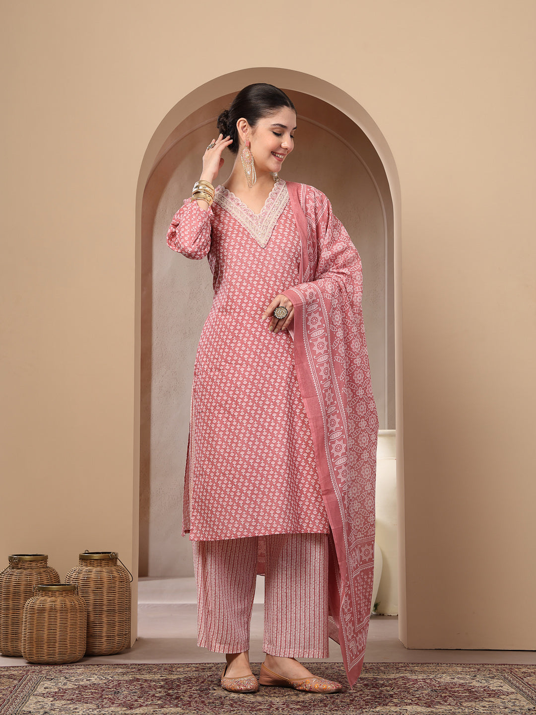 Women's Pink Ethnic Motif Printed Cotton Straight Kurta Palazzo Dupatt