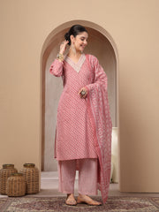 Stylum Women's Pink Ethnic Motif Printed Cotton Straight Kurta Palazzo Dupatta Set (KPDPINKPADMA)
