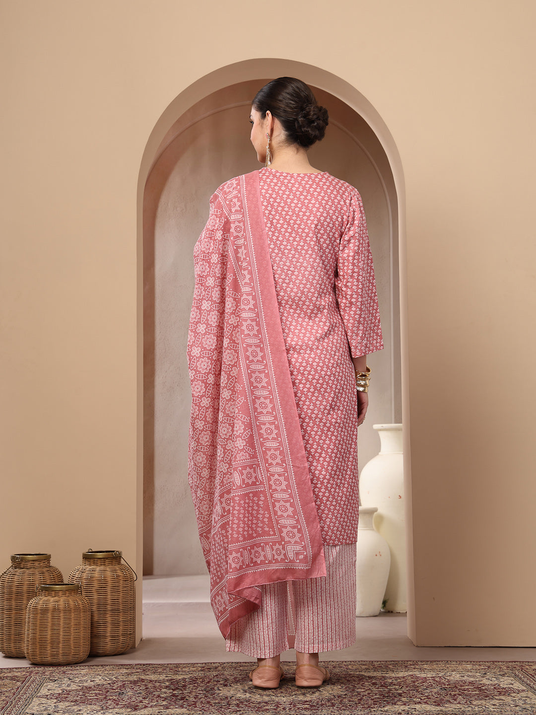 Women's Pink Ethnic Motif Printed Cotton Straight Kurta Palazzo Dupatt
