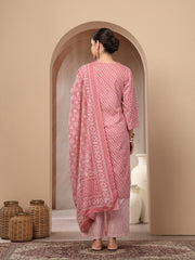 Stylum Women's Pink Ethnic Motif Printed Cotton Straight Kurta Palazzo Dupatta Set (KPDPINKPADMA)
