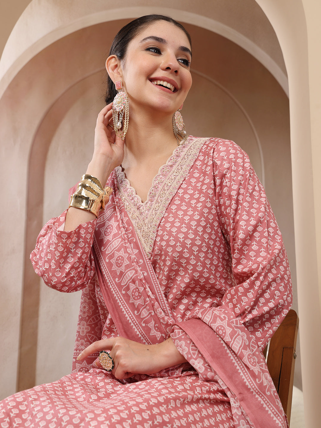Women's Pink Ethnic Motif Printed Cotton Straight Kurta Palazzo Dupatt